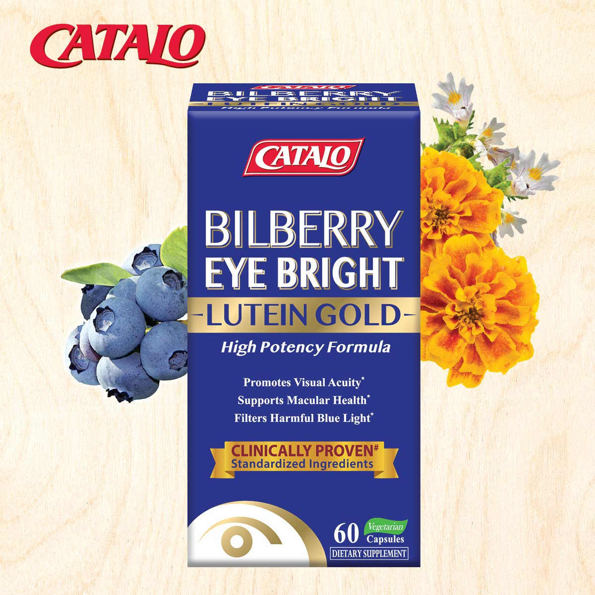 CATALO Bilberry Eyebright Extract Gold capsules closeup supports visual comfort.