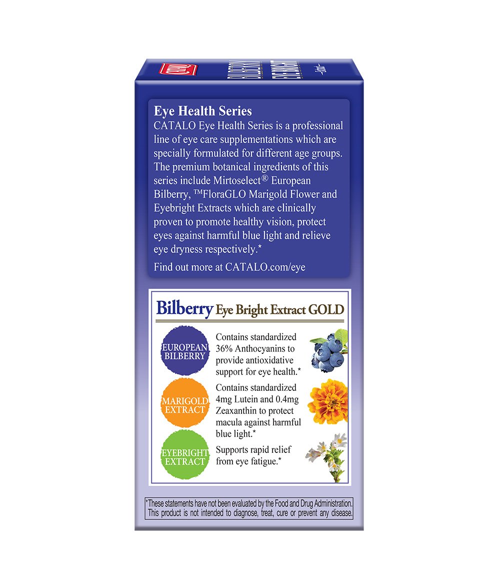CATALO label detail lists Bilberry, Eyebright, Lutein, Zeaxanthin for eye support.