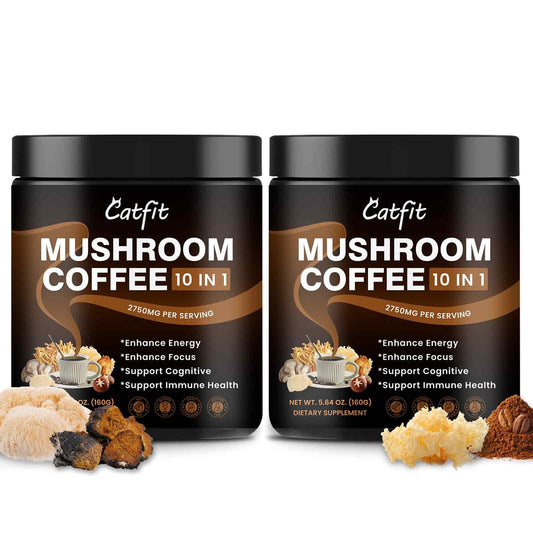 Catfit Instant Mushroom Coffee front jar label showing brand and energized focus.