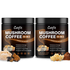 Catfit Instant Mushroom Coffee front jar label showing brand and energized focus.