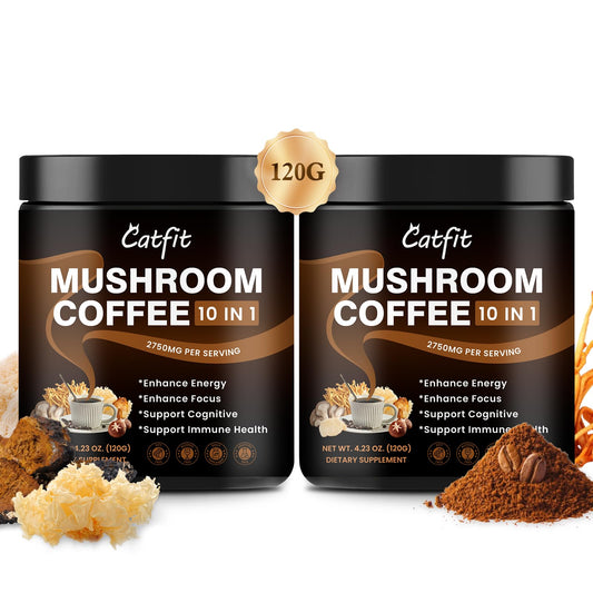 Catfit instant mushroom coffee powder in a jar for smooth energy and focus.