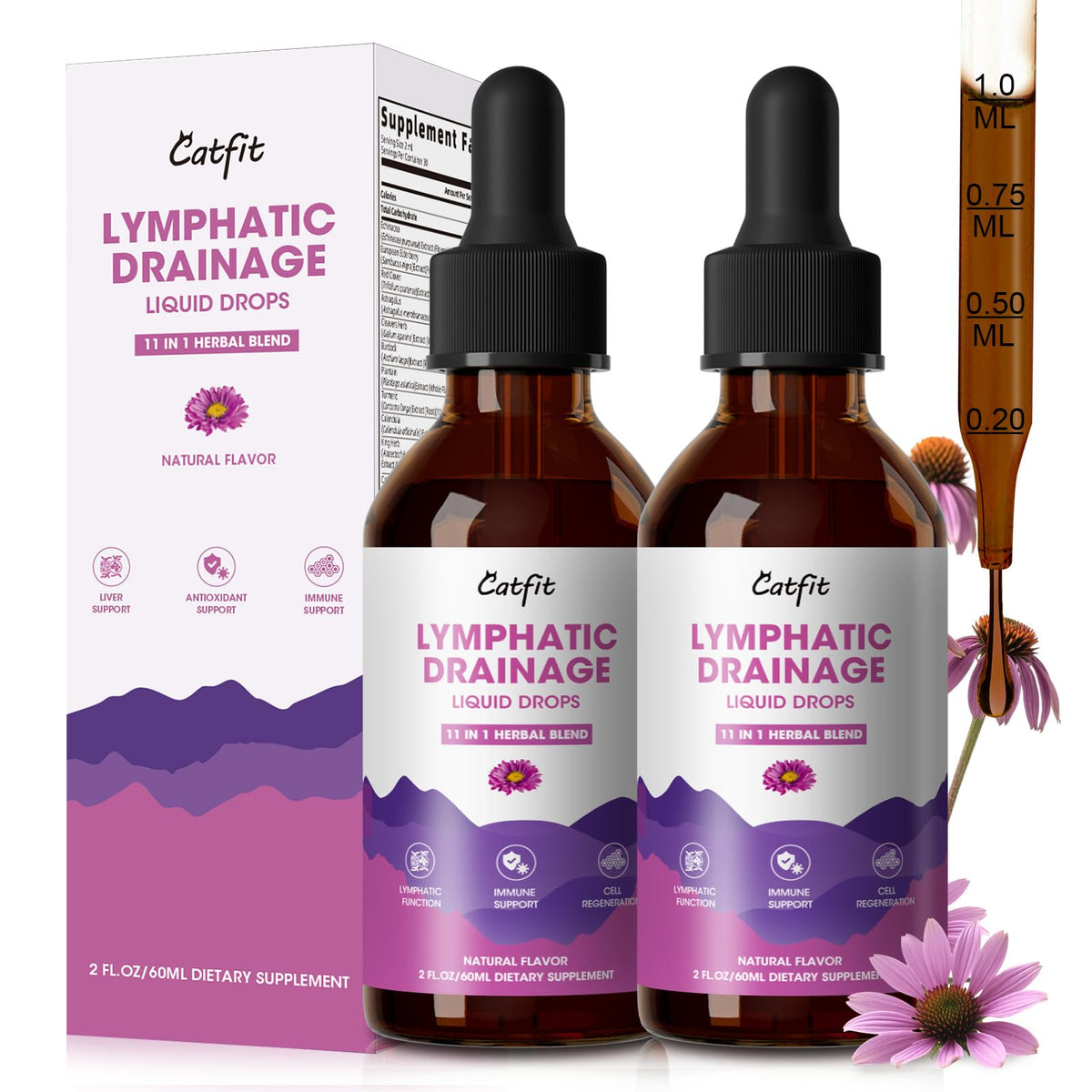 Catfit Lymphatic Drainage Drops bottle front view highlighting natural herbal blend.