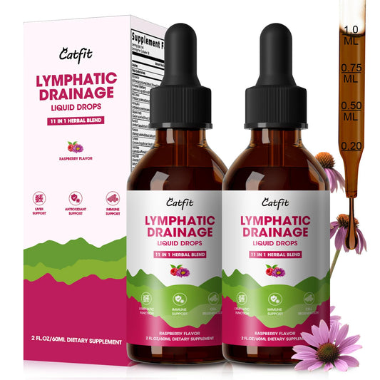 Catfit Lymphatic Drainage Drops bottle shows herbal blend for immune support.
