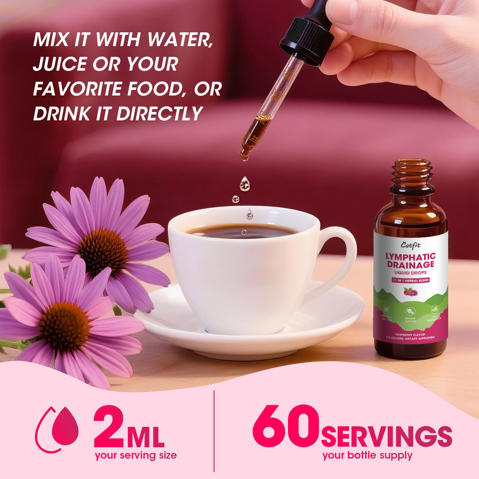 Catfit Lymphatic Drainage Drops dropper ensures precise measurements.