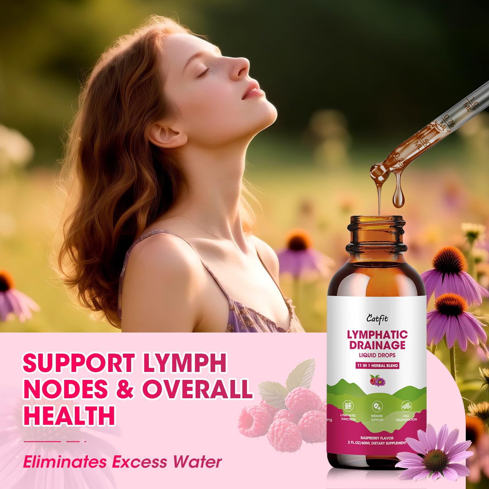 Catfit Lymphatic Drainage Drops herbs closeup features echinacea and elderberry.