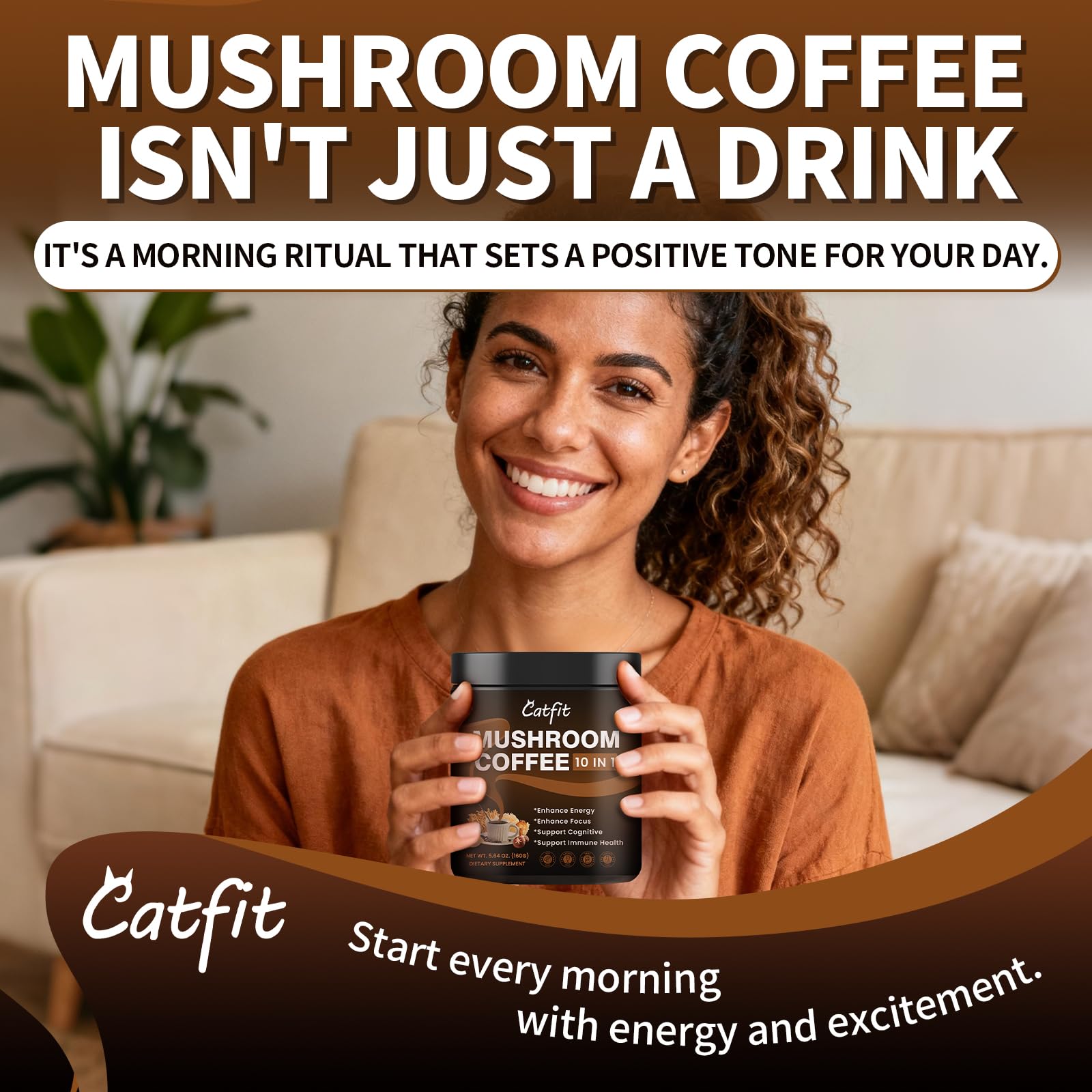 Catfit mushroom coffee powder foil seal close-up with freshness cue.