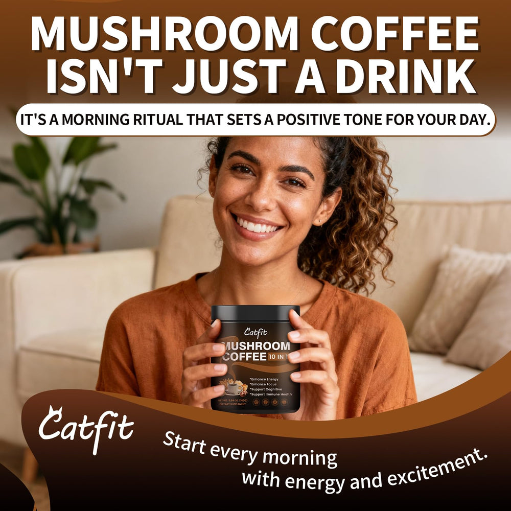 Catfit mushroom coffee powder foil seal close-up with freshness cue.