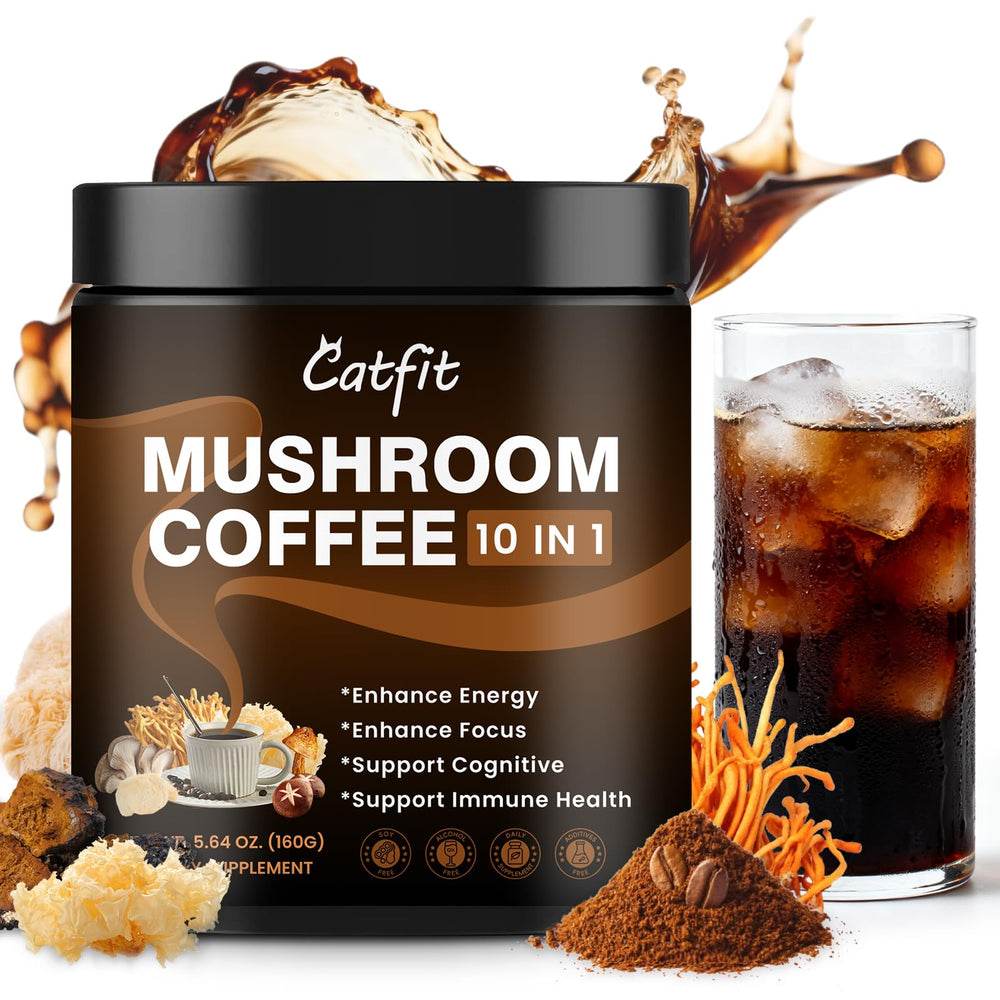 Catfit mushroom coffee powder ingredients panel for transparency.