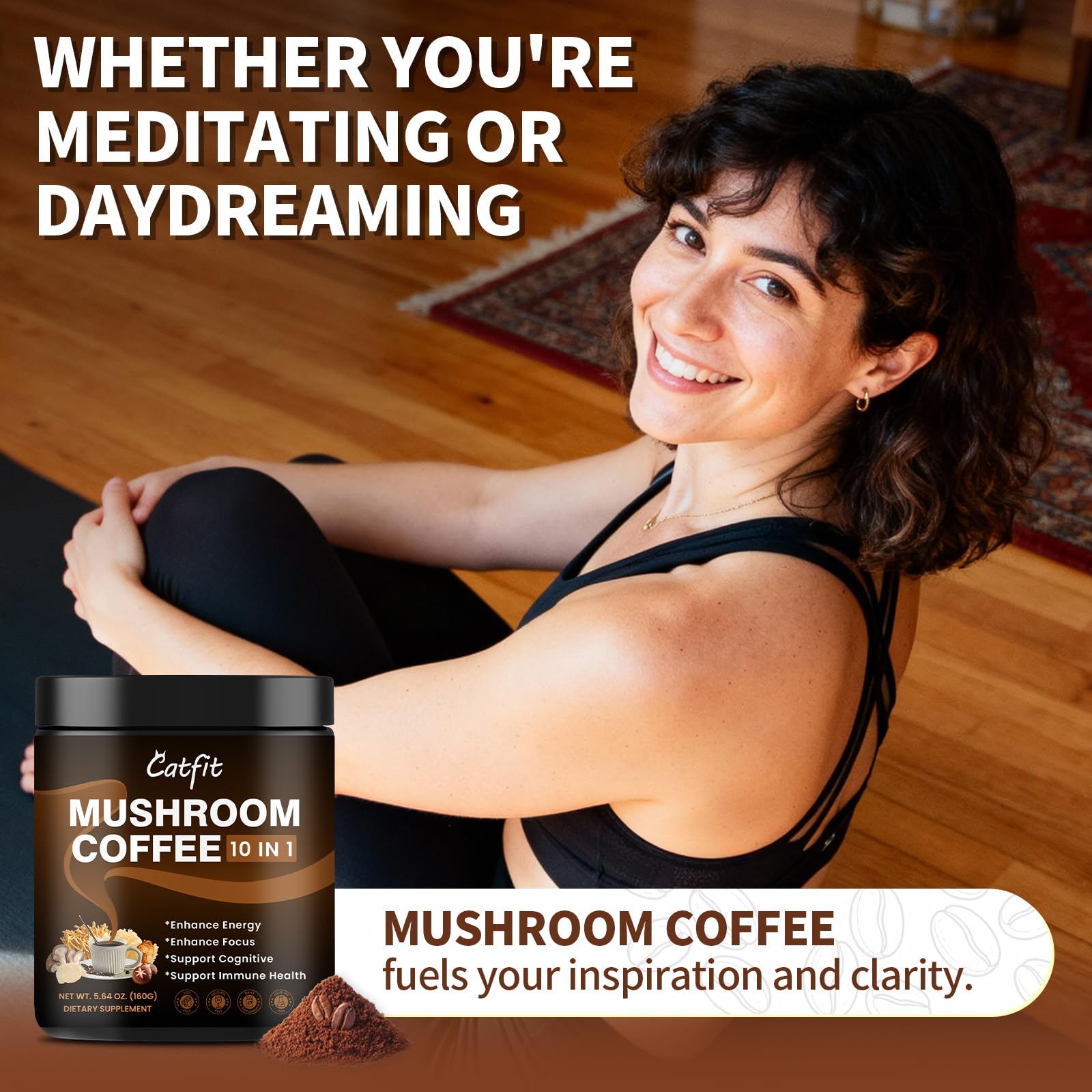 Catfit mushroom coffee powder jar with scoop ready to pour.