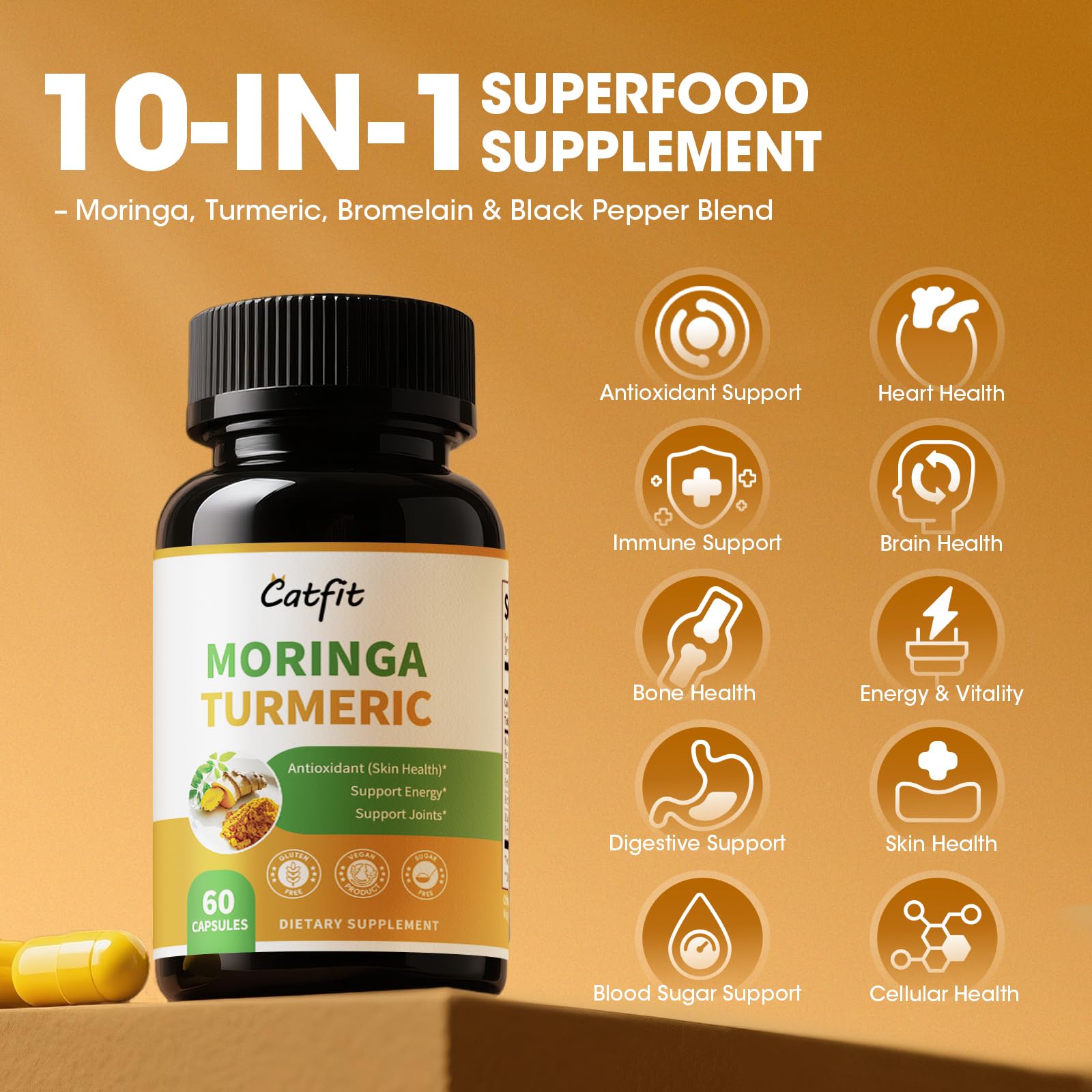 Catfit Turmeric Curcumin capsules in amber bottle emphasize antioxidant support.