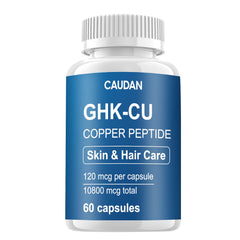 CAUDAN GHK-Cu copper peptide bottle highlights targeted skin and hair support potential.