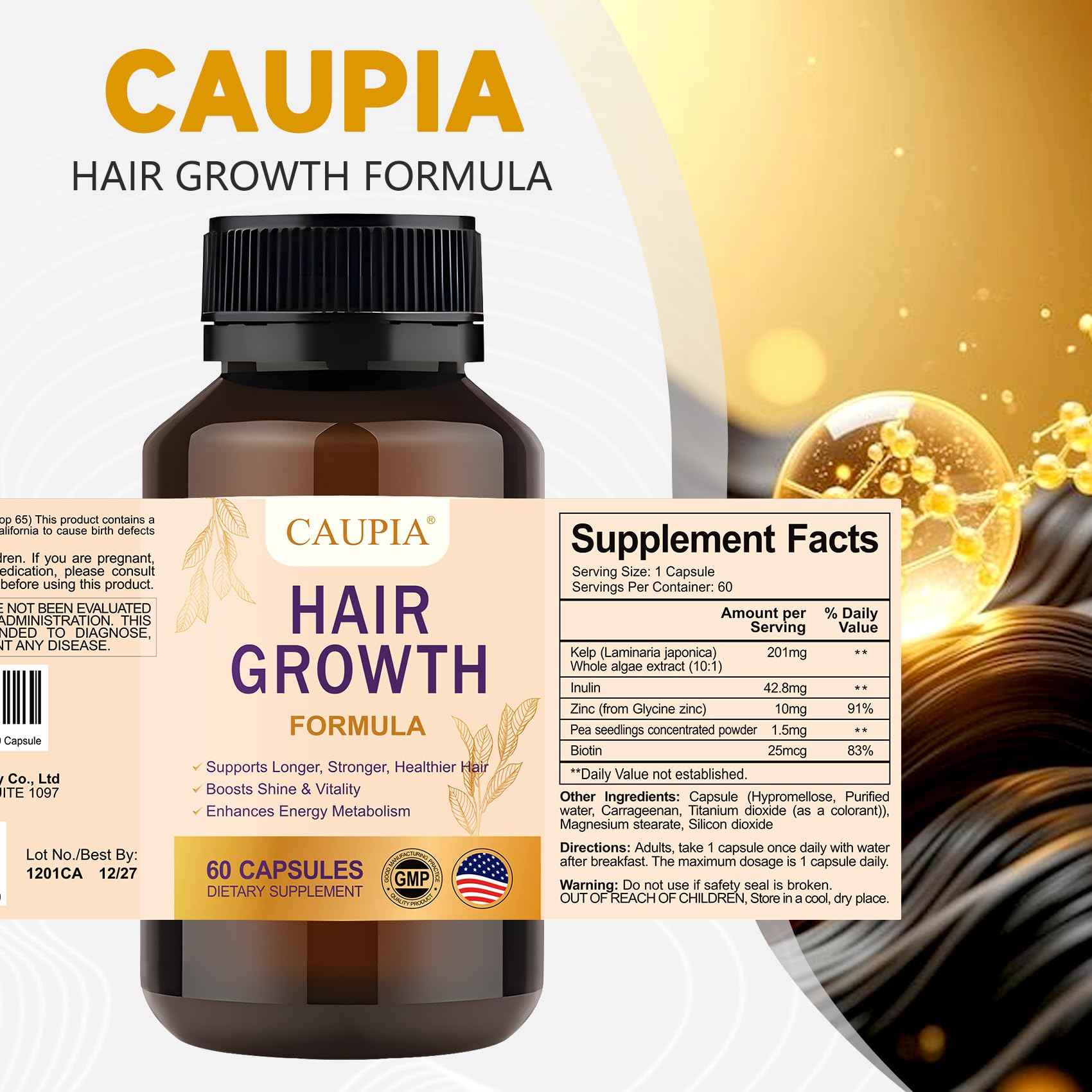 CAUPIA Hair Energy bottle with label communicates trusted, science-backed scalp care.