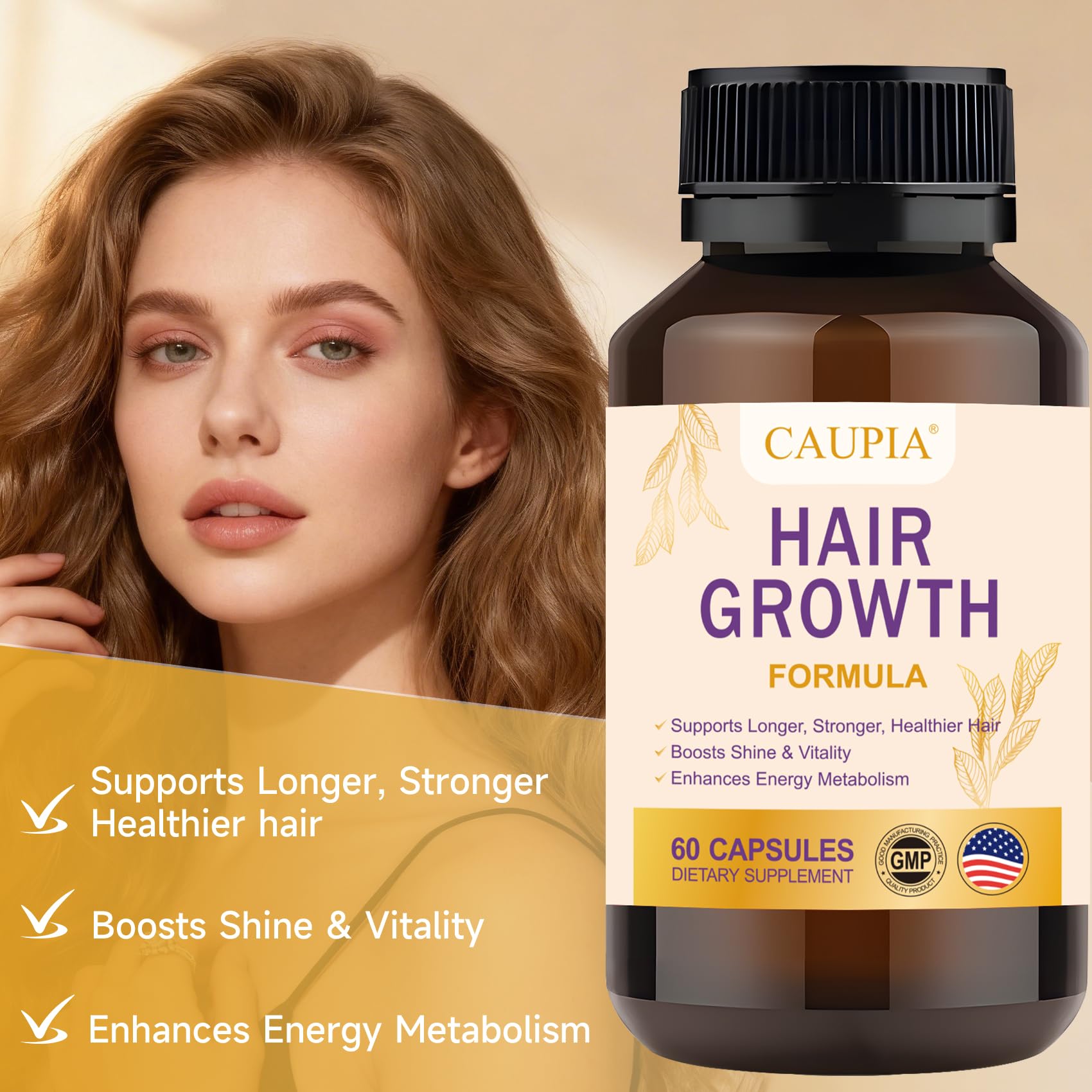 CAUPIA Hair Energy packaging box display emphasizing premium botanicals.