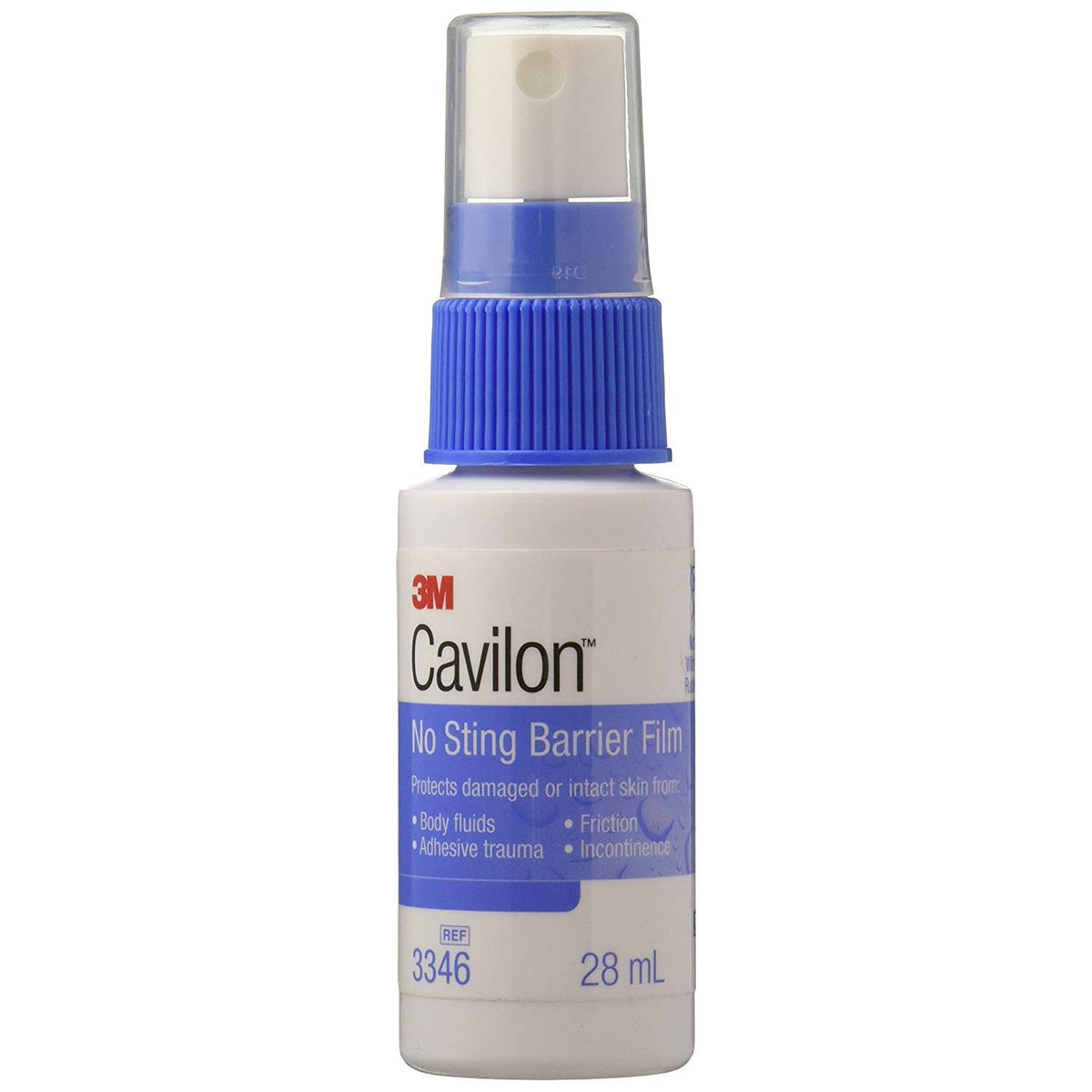Cavilon No Sting barrier film spray bottle showing alcohol-free skin protection and fast drying