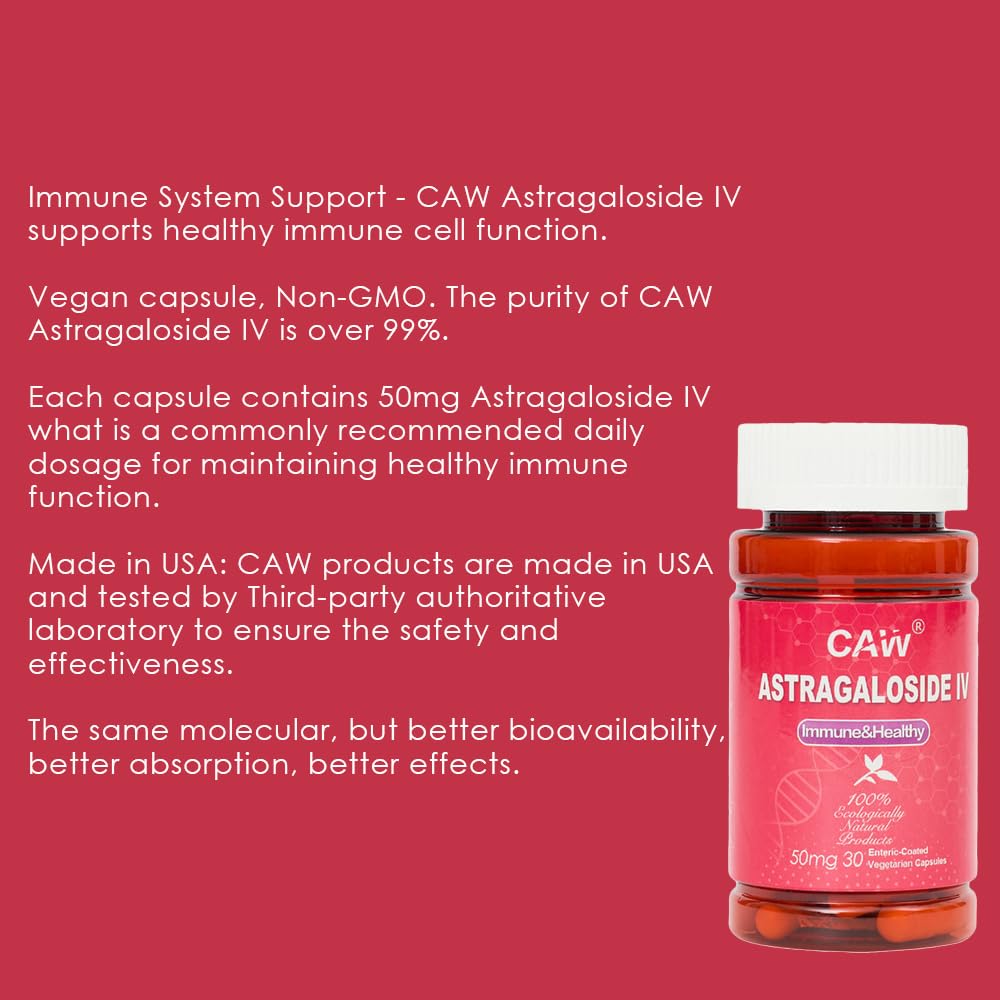 CAW Astragaloside IV capsules close-up highlighting vegan, enteric-coated design for absorption.