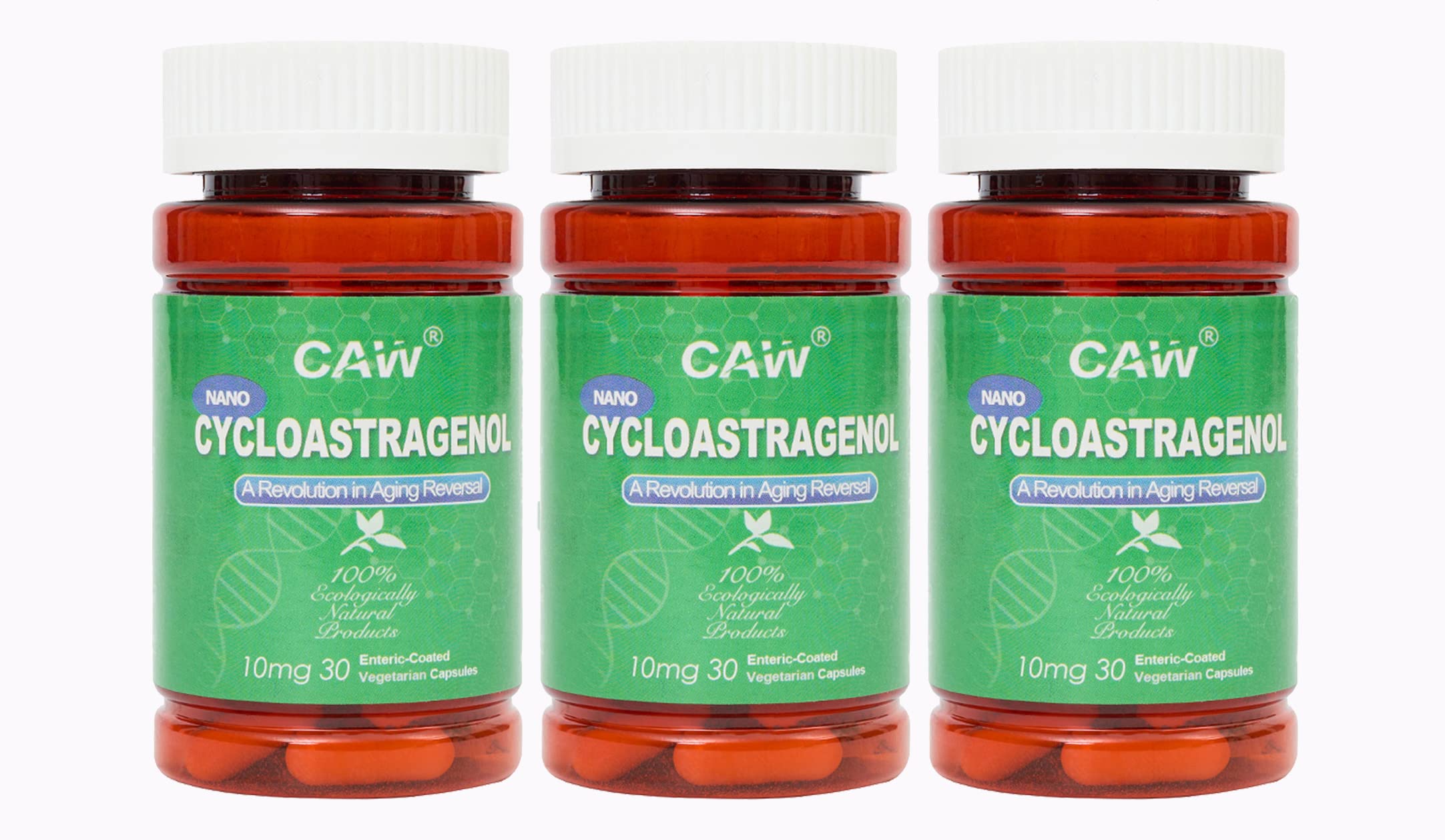 CAW Nano Cycloastragenol 10mg bottle front shows brand and strength, highlighting quality.