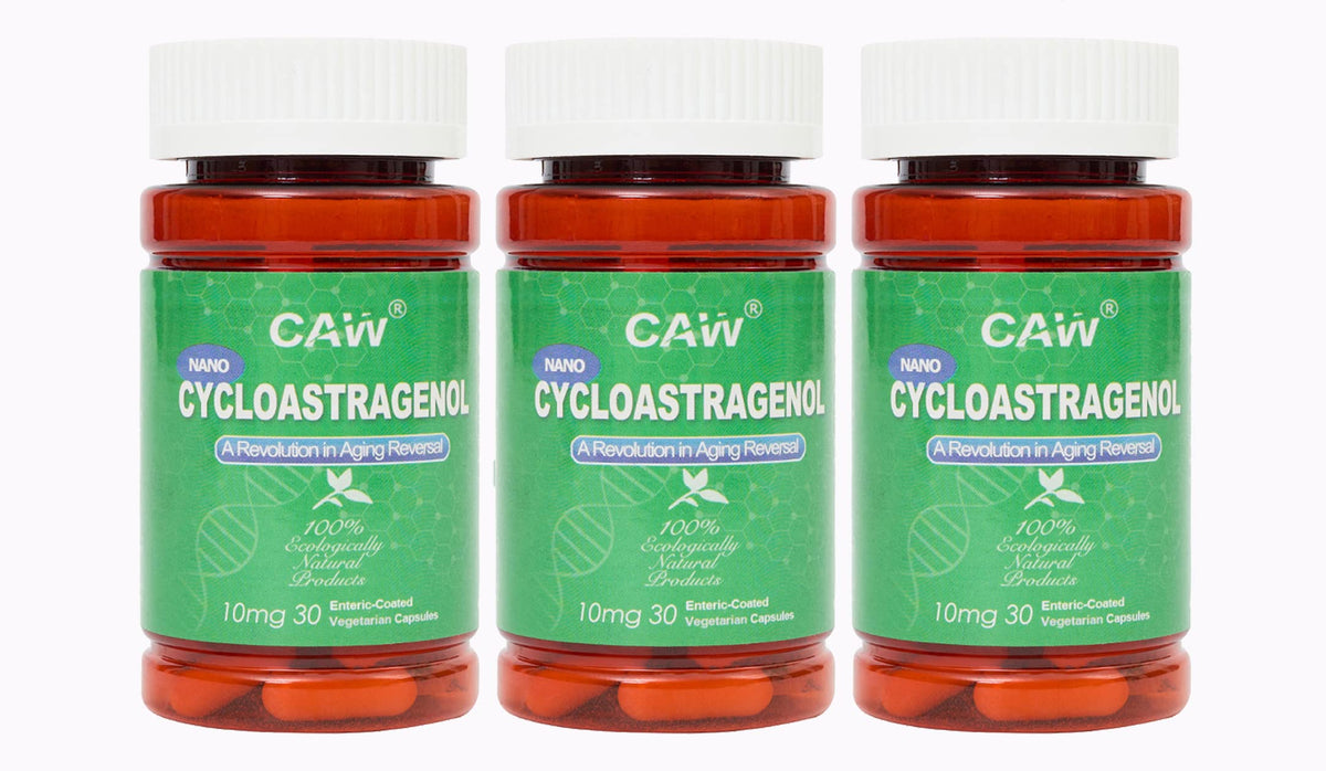 CAW Nano Cycloastragenol 10mg bottle front shows brand and strength, highlighting quality.