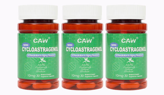 CAW Nano Cycloastragenol 10mg bottle front shows brand and strength, highlighting quality.