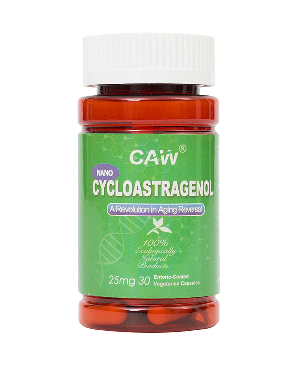 CAW Nano Cycloastragenol bottle with enteric-coated capsules for enhanced absorption.