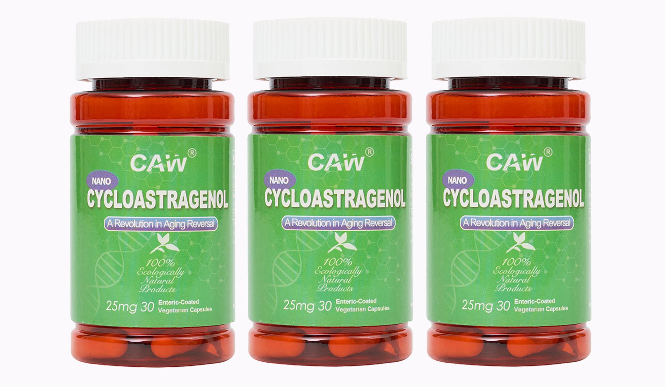 CAW Nano Cycloastragenol bottle close-up showing enteric-coated capsules.