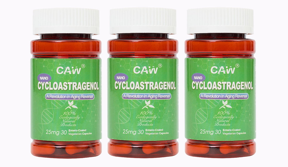 CAW Nano Cycloastragenol bottle close-up showing enteric-coated capsules.