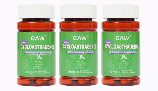 CAW Nano Cycloastragenol bottle close-up showing enteric-coated capsules.