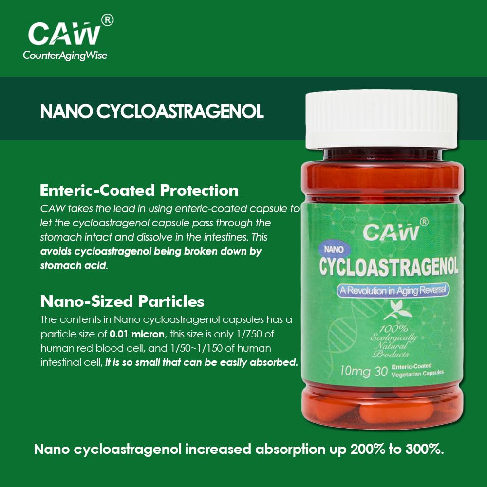 CAW Nano Cycloastragenol nutrition facts highlighting dosage and ingredients.