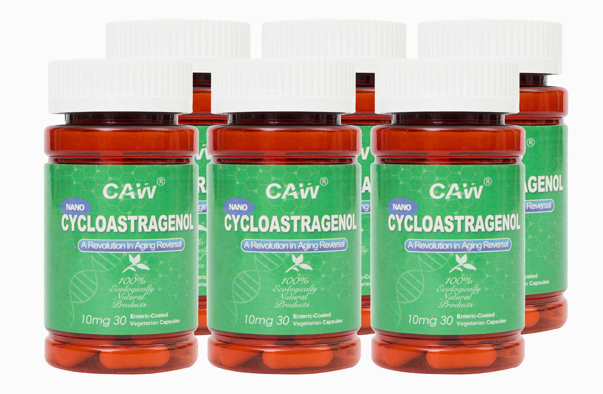 CAW nano cycloastragenol bottle shows premium packaging for daily use.