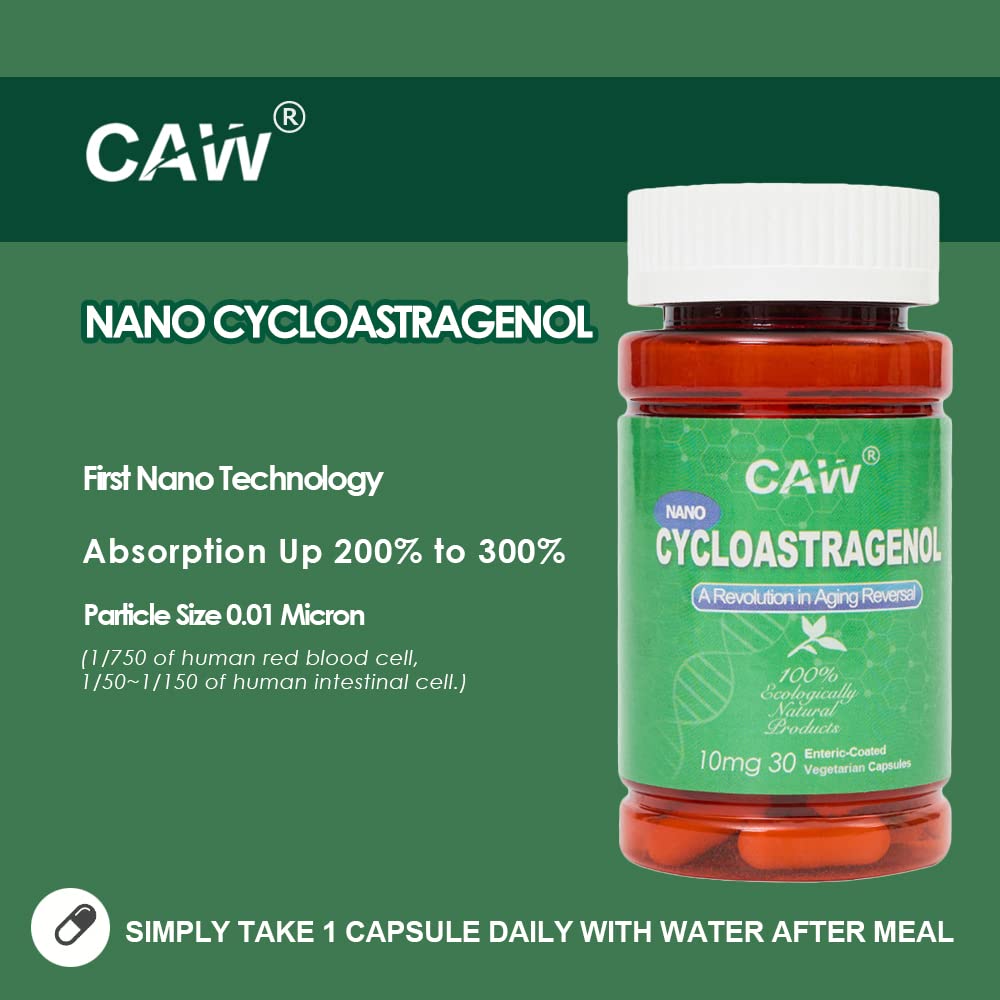 CAW nano-cycloastragenol capsules close-up reveals tiny, absorbable particles for uptake.