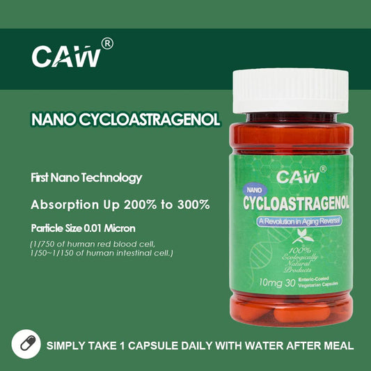 CAW nano-cycloastragenol capsules close-up reveals tiny, absorbable particles for uptake.