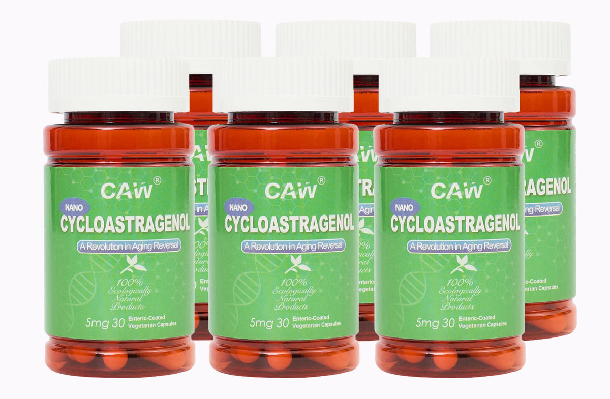 CAW Nano Cycloastragenol capsules with enteric coating for enhanced absorption.