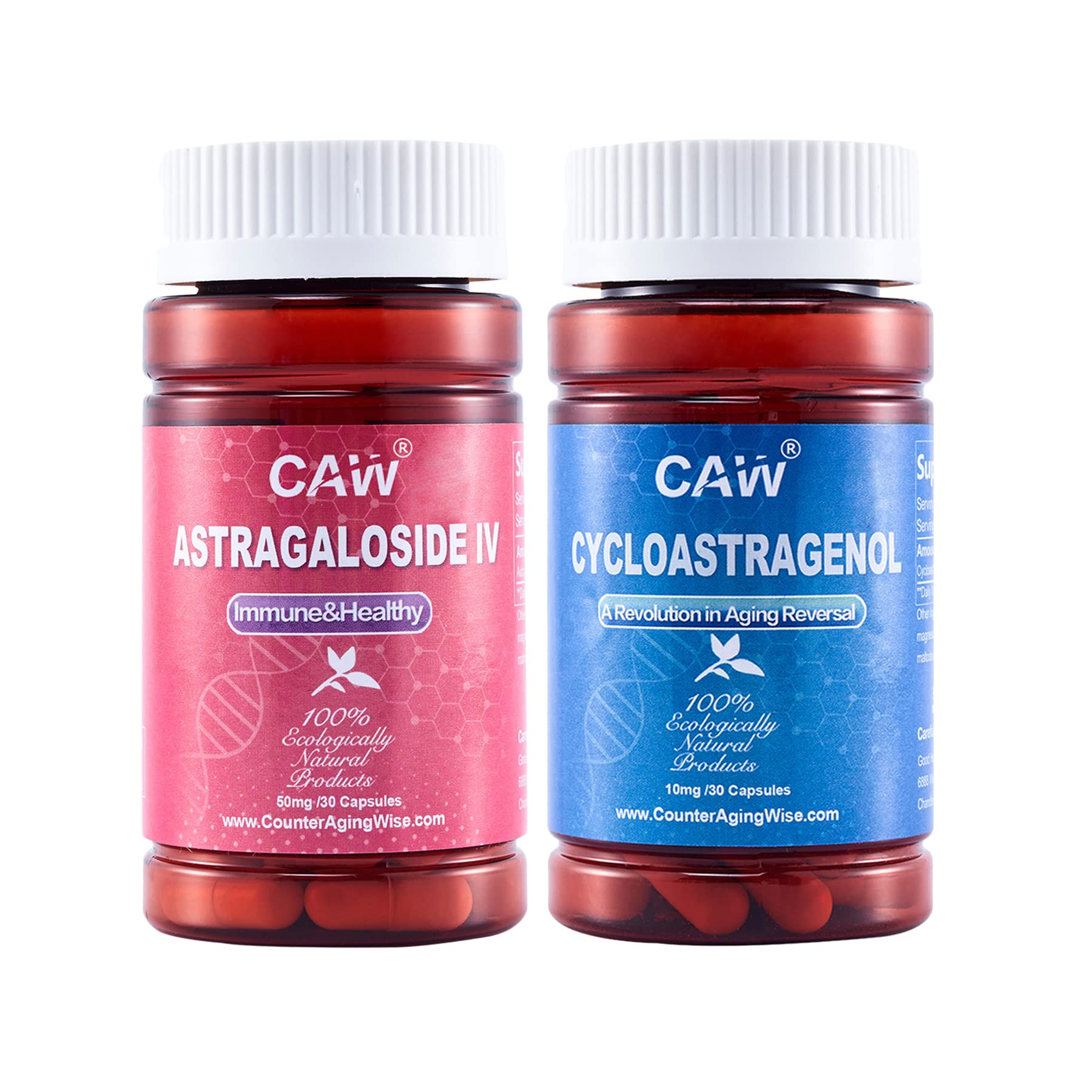 CAW telomere support capsules with cycloastragenol for potential aging-related wellness.
