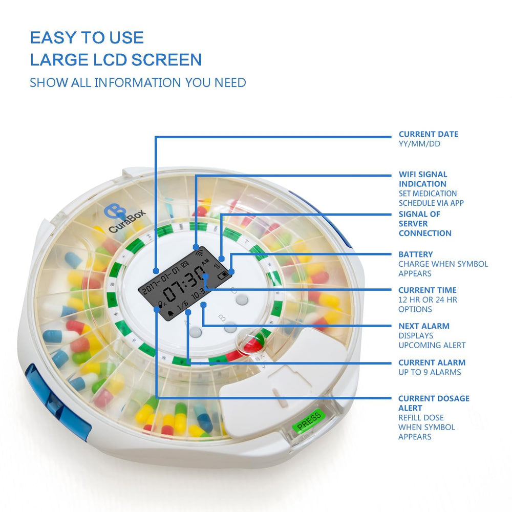 CB CURABOX app interface enables caregivers to set reminders and track doses.