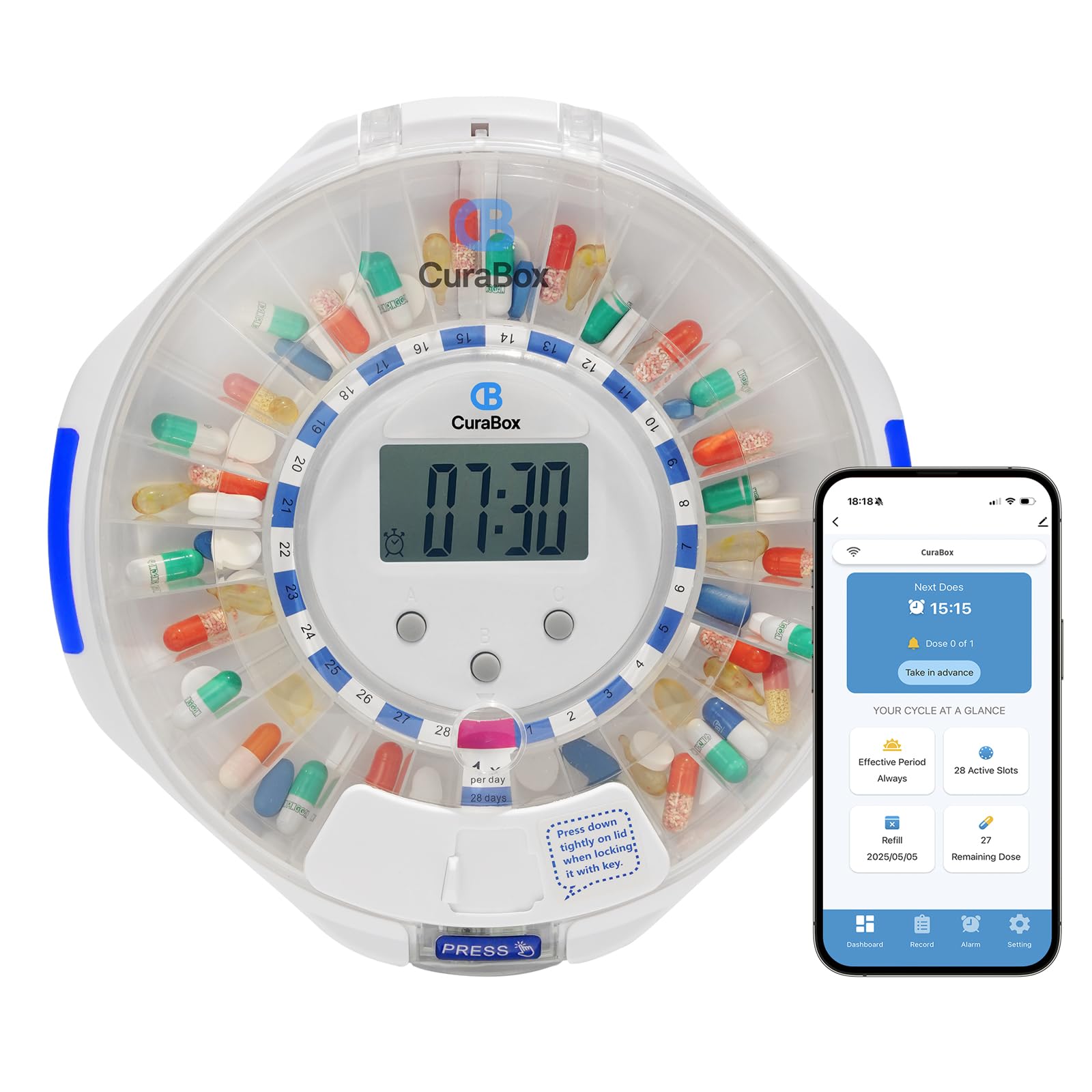 CB CURABOX automatic pill dispenser front view showing accessible design and organization