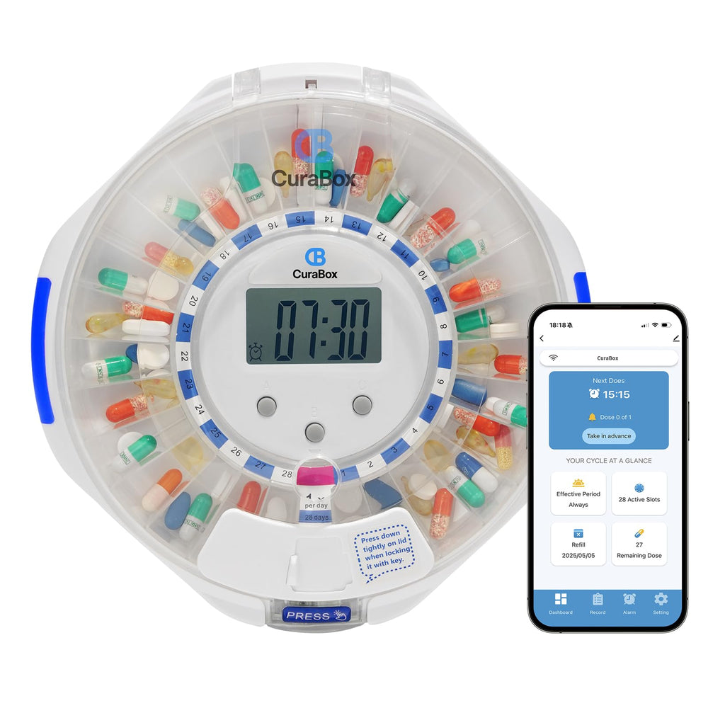 CB CURABOX automatic pill dispenser front view showing accessible design and organization