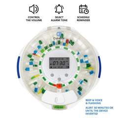 LCD display shows time and alarms with adjustable volume for clear prompts.