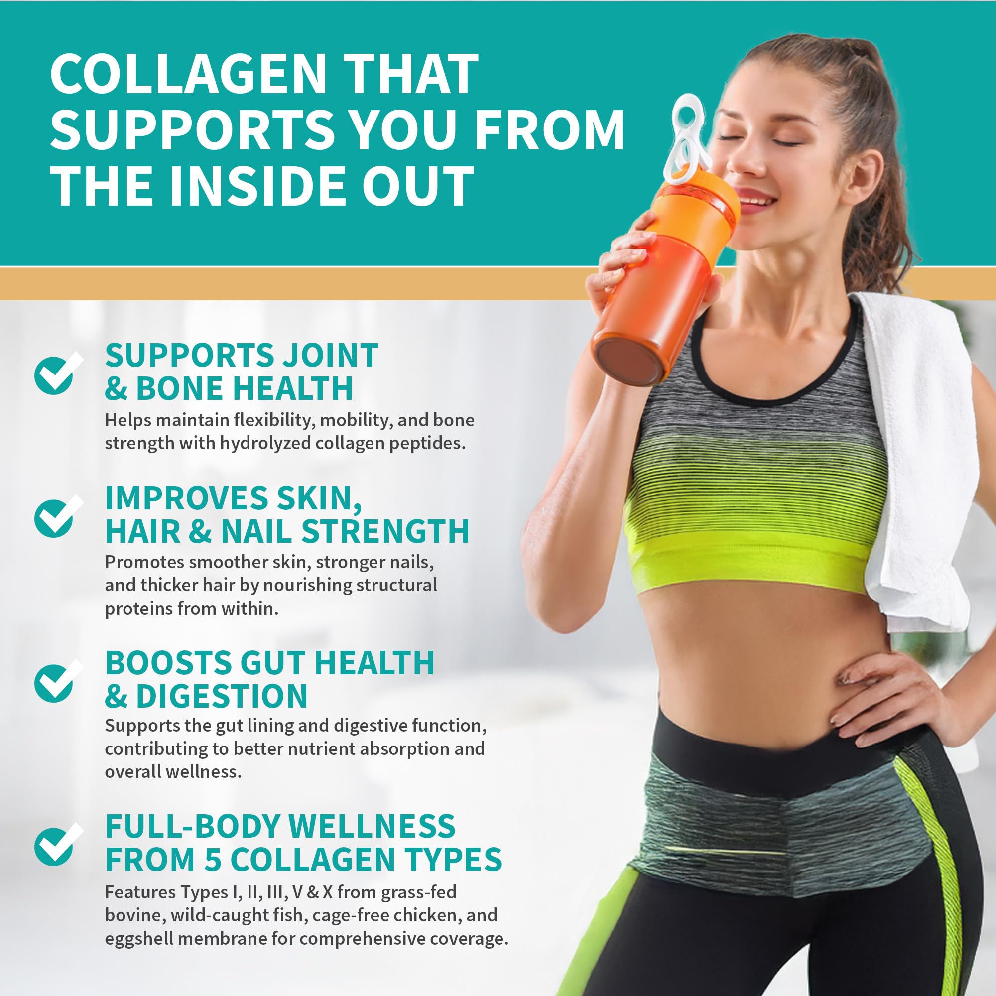 CB Supplements collagen bottle with scoop illustrating gut lining, hair growth, and nail strength.