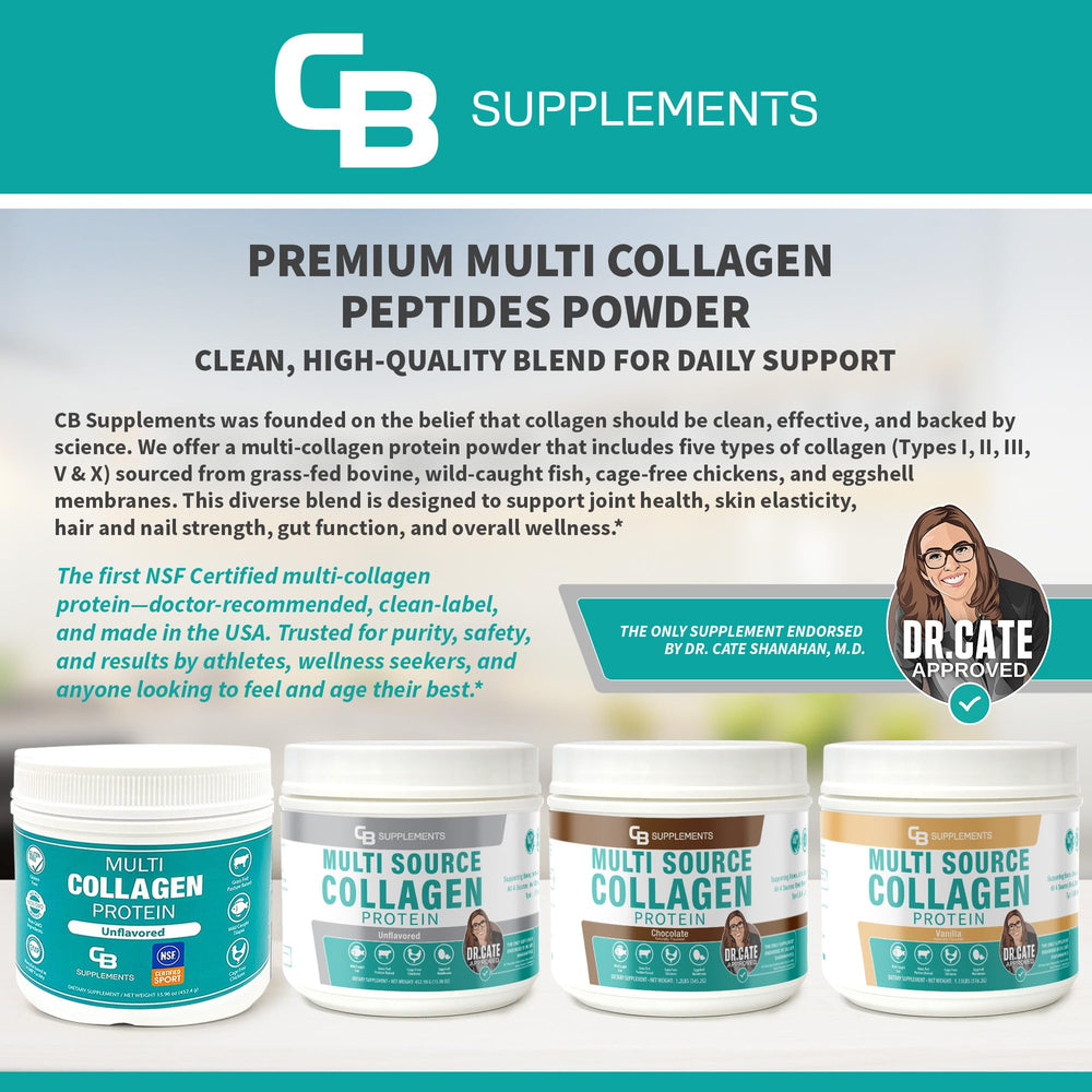 CB Supplements Multi Collagen Chocolate ingredients panel with five collagen types for comprehensive support