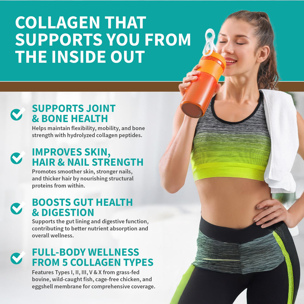 CB Supplements Multi Collagen Chocolate smoothie glass showing versatile mix for hair and nails