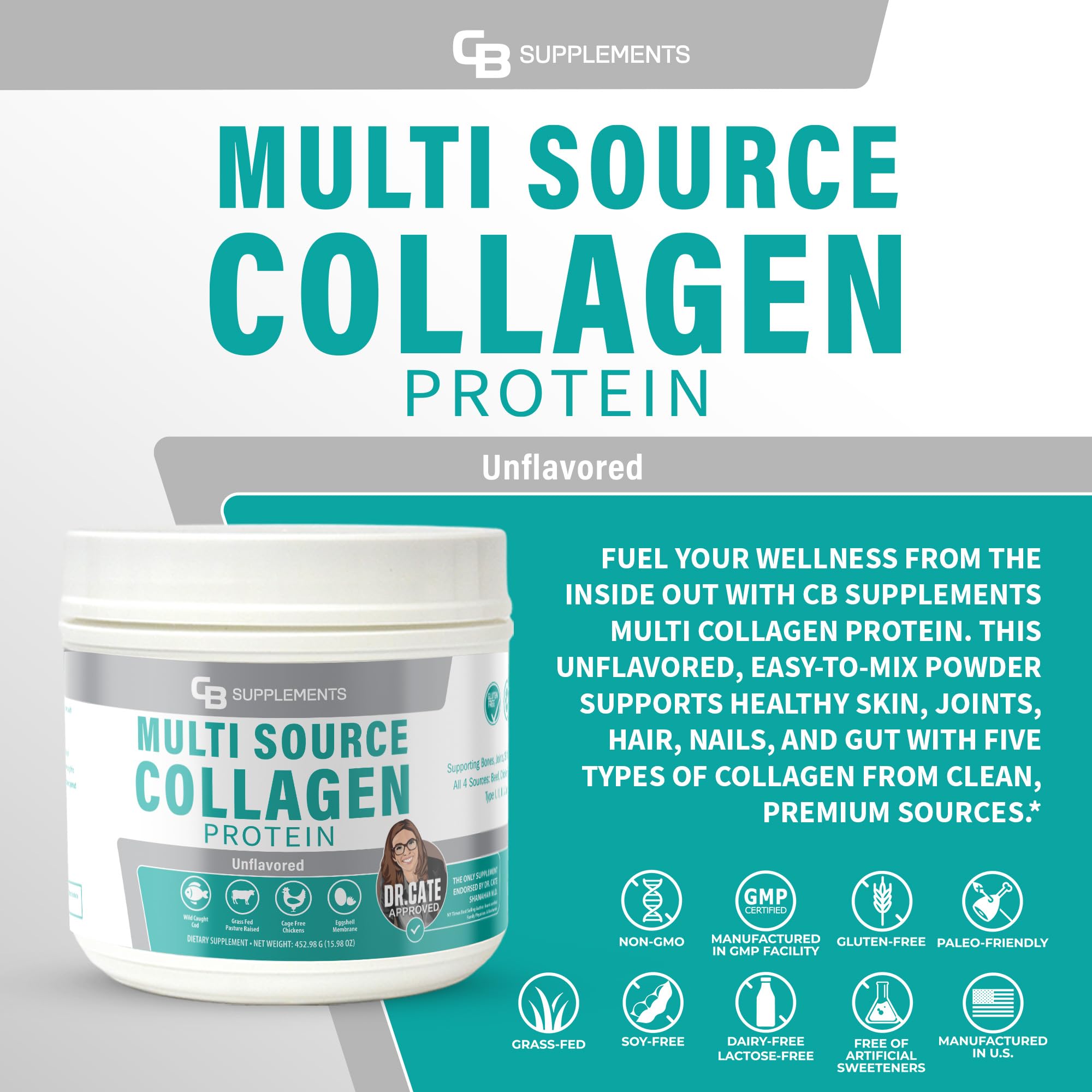 CB Supplements unflavored collagen powder dissolves smoothly in drinks, no taste change.