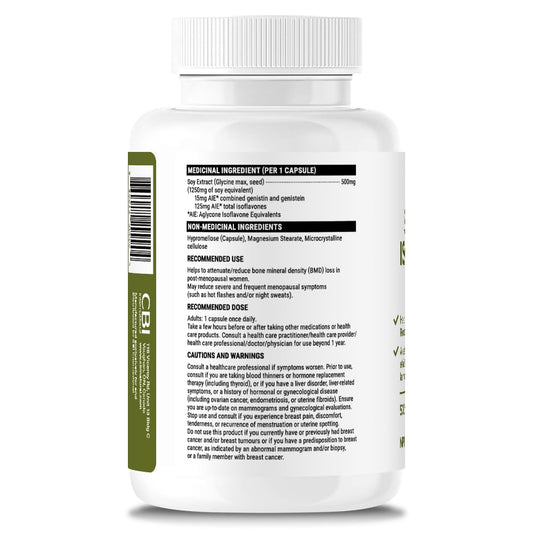CBI Natural Soy Isoflavones bottle back with dosage and benefits information