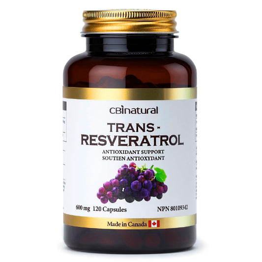 CBI Natural Trans-Resveratrol 600mg bottle shown, supporting healthy aging and cellular vitality.
