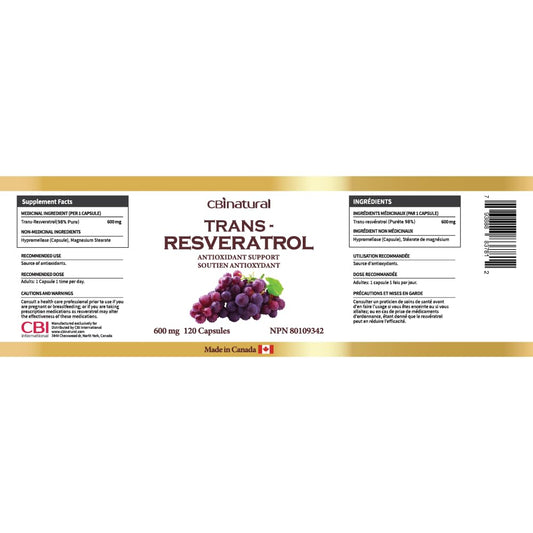 CBI Natural Trans-Resveratrol capsules close-up, a plant-based antioxidant for everyday wellness.