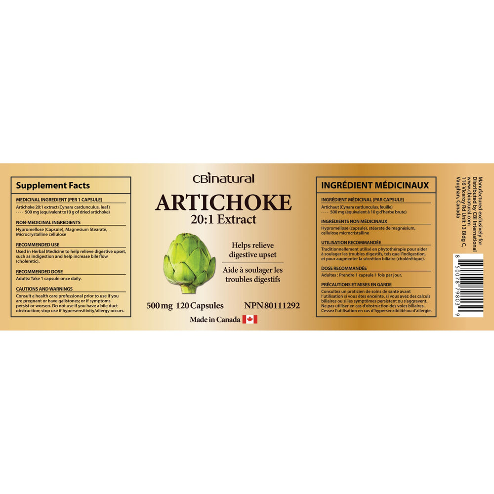 Close-up of CBI Natural Artichoke 20:1 capsules highlighting vegan formula.