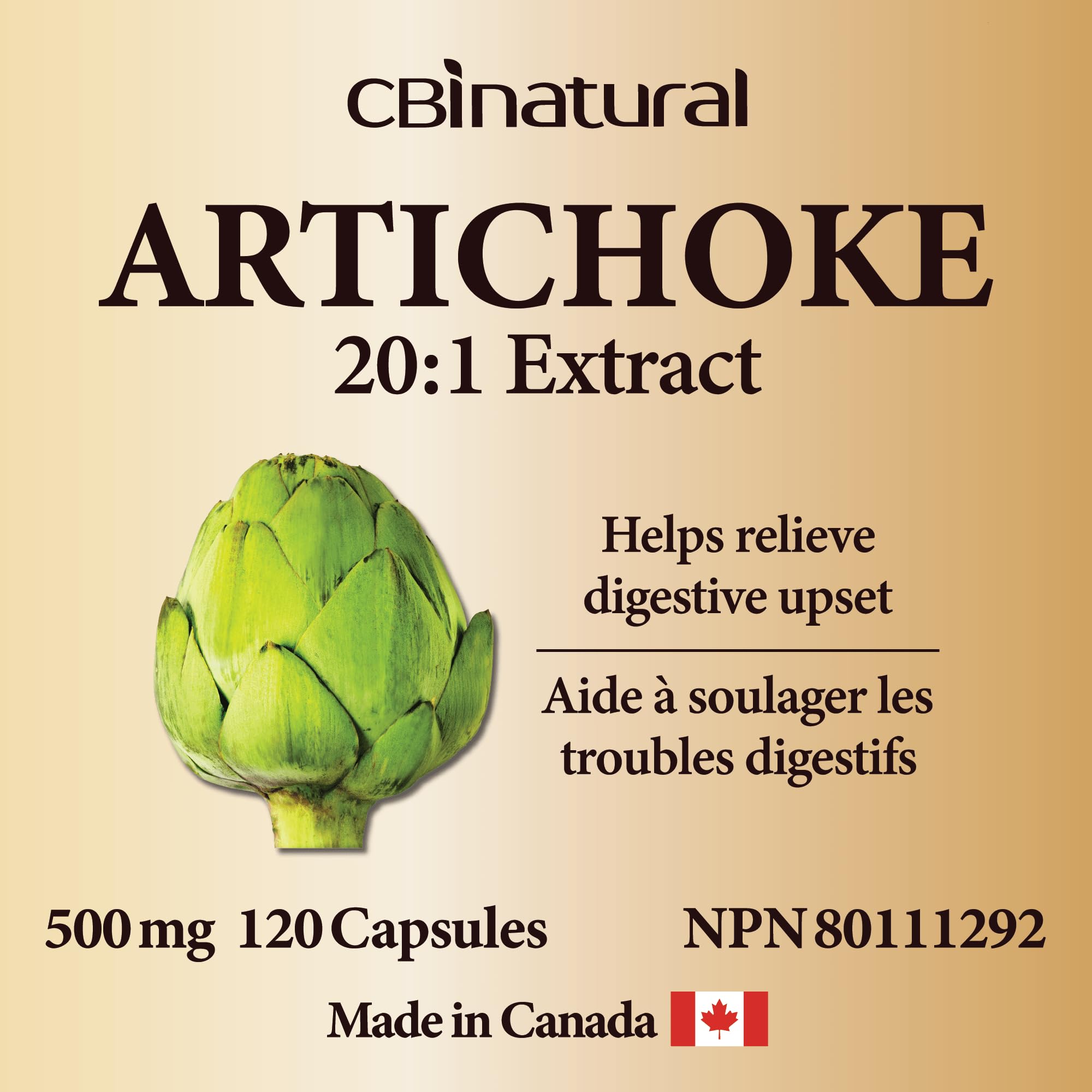 Label detail of CBI Natural Artichoke 20:1 indicating gluten-free and non-GMO.