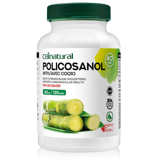 CBI Natural Policosanol CoQ10 bottle on desk for heart wellness potential