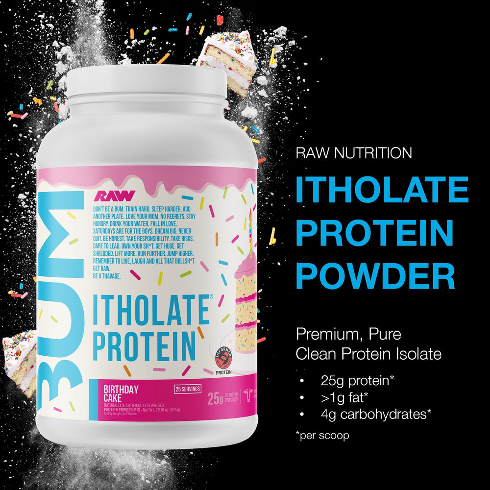 CBUM Itholate Birthday Cake label close-up highlighting quality
