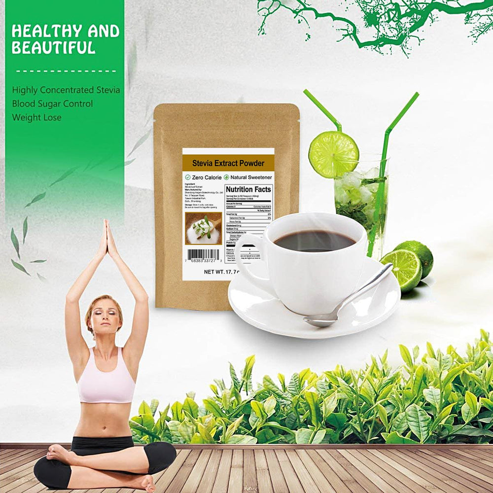 CCnature stevia powder beside a spoon, ideal for precise portioning in recipes.
