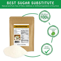 CCnature stevia powder scoop showing precise, zero-calorie sweetness.