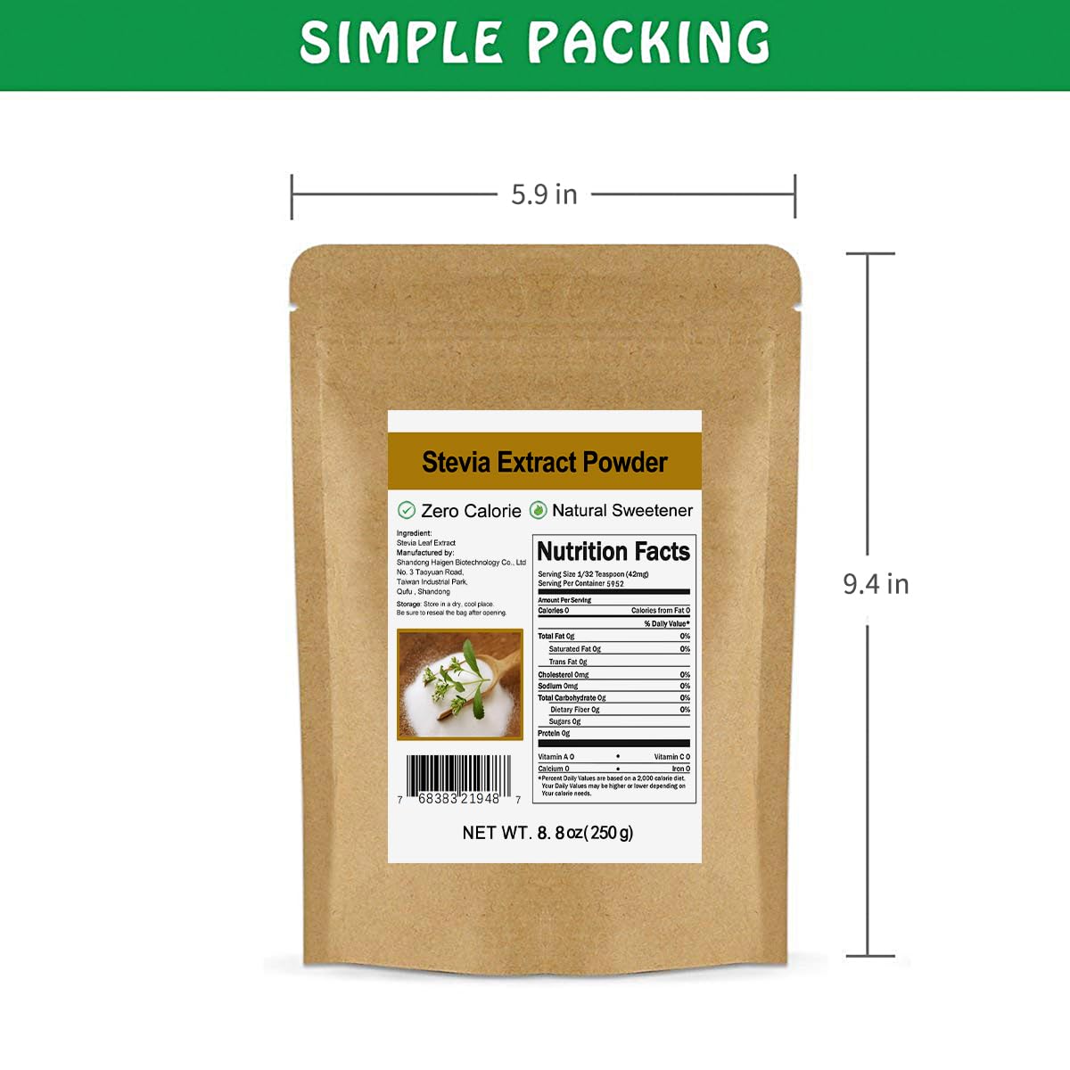 CCnature stevia powder in tea mug demonstrates natural sweetening, zero calories.